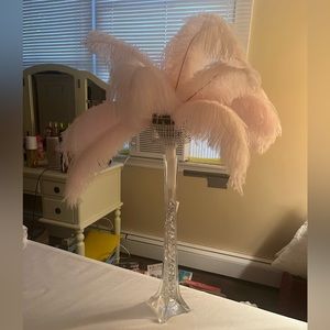 Pink Feathered Lamp with glass base and crystal balls within the base.